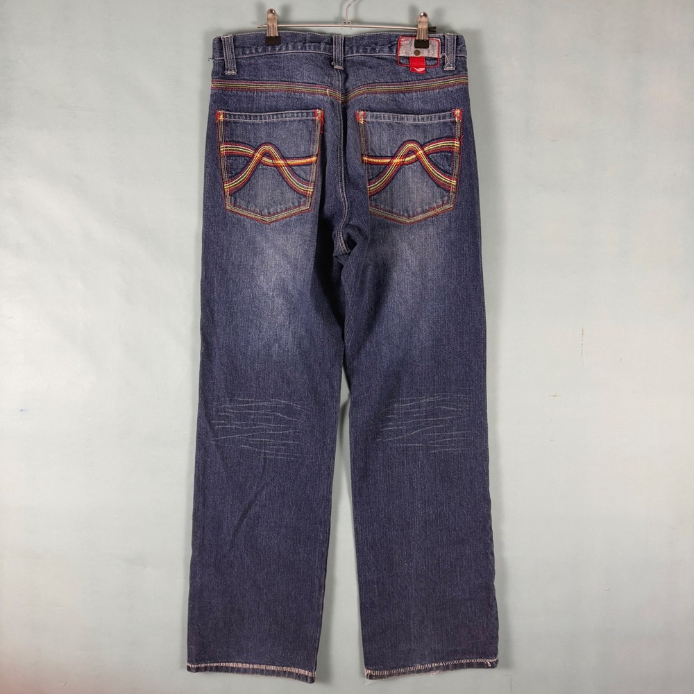 Y2K 4Fatherz Mens 34x34 (Fits 32x32) Blue Baggy Jeans Rainbow Embroidered Skate